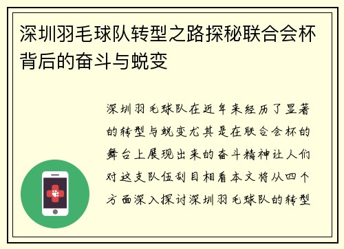 深圳羽毛球队转型之路探秘联合会杯背后的奋斗与蜕变