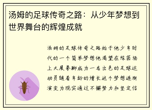 汤姆的足球传奇之路：从少年梦想到世界舞台的辉煌成就