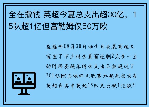 全在撒钱 英超今夏总支出超30亿，15队超1亿但富勒姆仅50万欧