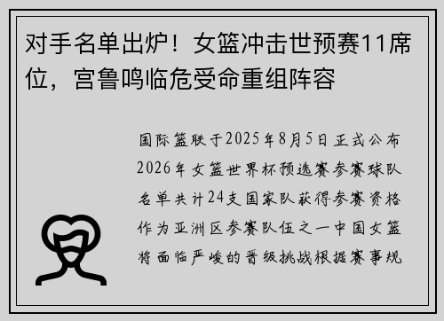 对手名单出炉！女篮冲击世预赛11席位，宫鲁鸣临危受命重组阵容